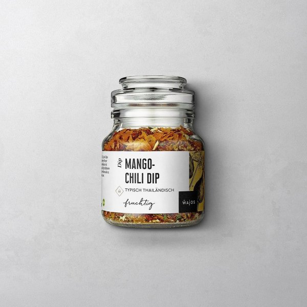 Wajos Mango Chili Dip im wiederverschließbaren Glas mit weiß weißem Etikett