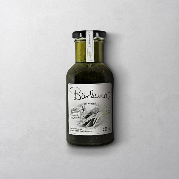 Wajos Bärlauch Zitronenöl in wiederverschließbarer Flasche mit schwarzem Schraubdeckel und weißem Etikett