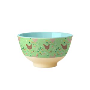 Rice Melaminschale mit Hühner Print auf lindgrünem Hintergrund