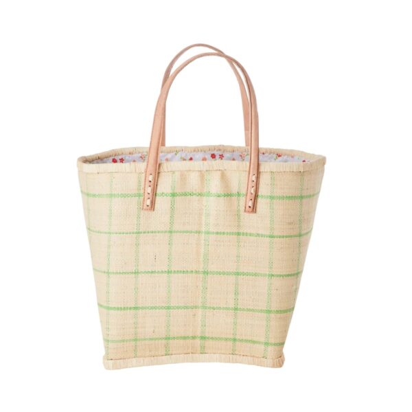 Raffia-Einkaufstasche von Rice mit grünem Karo Muster und niedlichem geblümten Stoff als Verschluss