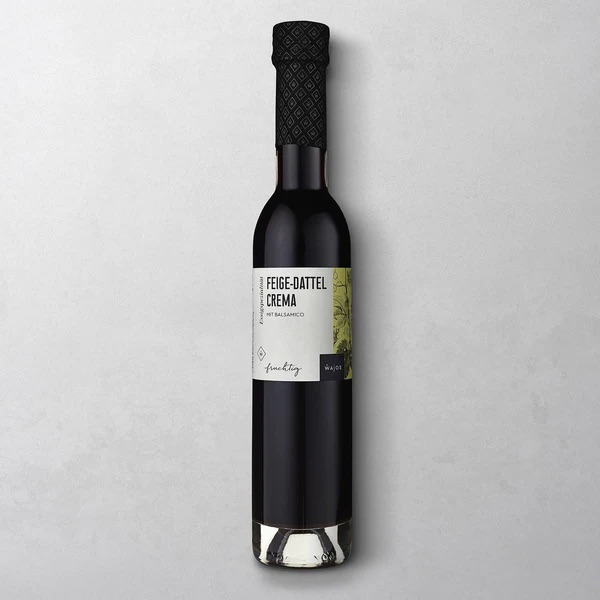 Wajos Feige Dattel Crema in 250ml Glasflasche mit Schwarzem Deckel und weißem Etikett