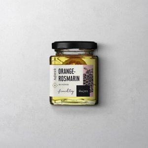 Wajos Orangen Rosmarin Honig im eckigen wiederverschließbaren Schraubglas mit schwarzem Deckel und weißem Etikettt