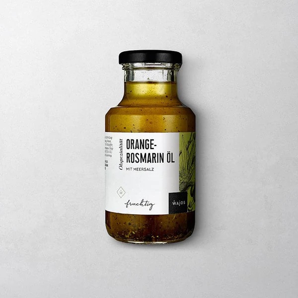 Wajos Orangen-Rosmarin-Öl in wiederverschließbarer Glasflasche mit schwarzem Deckel und weißem Etikett