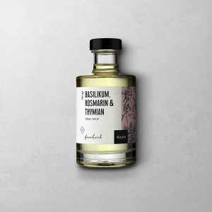 Wajos Sirup Basilikum Rosmarin Thymin in Glasflasche mit schwarzem Verschluss und weißem Etikett