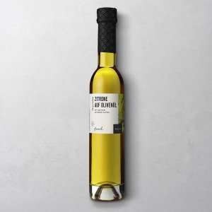 Wajos Zitrone auf Olivenöl in 250ml Glasflasche mit schwarzem Deckel und weißem Etikett