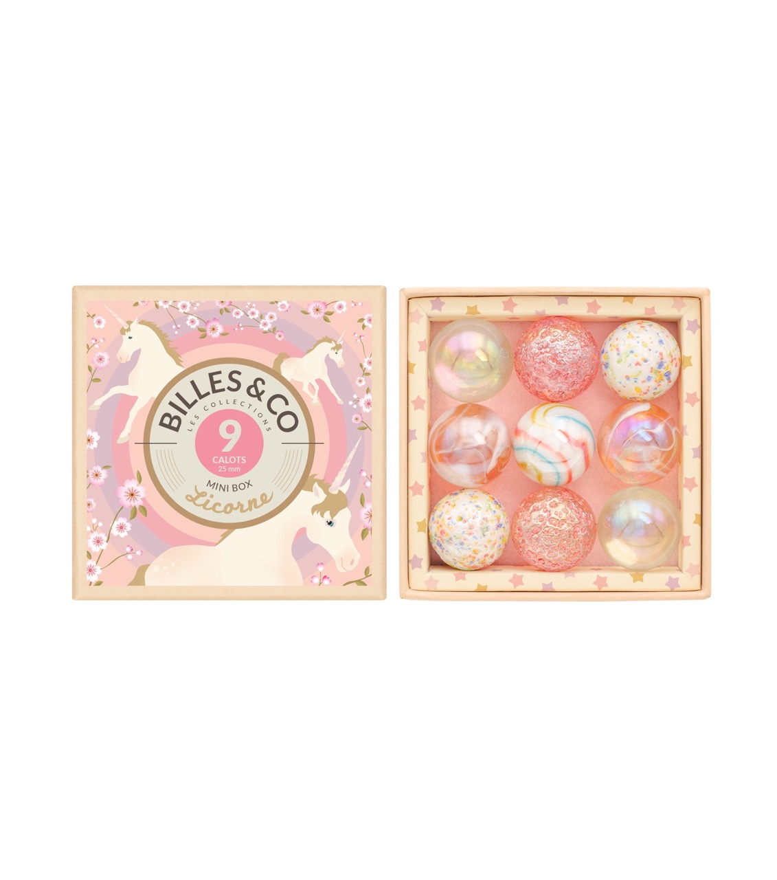 Murmelbox mit 9 Shooter Murmeln in unterschiedlichen Farben von Billes & Co