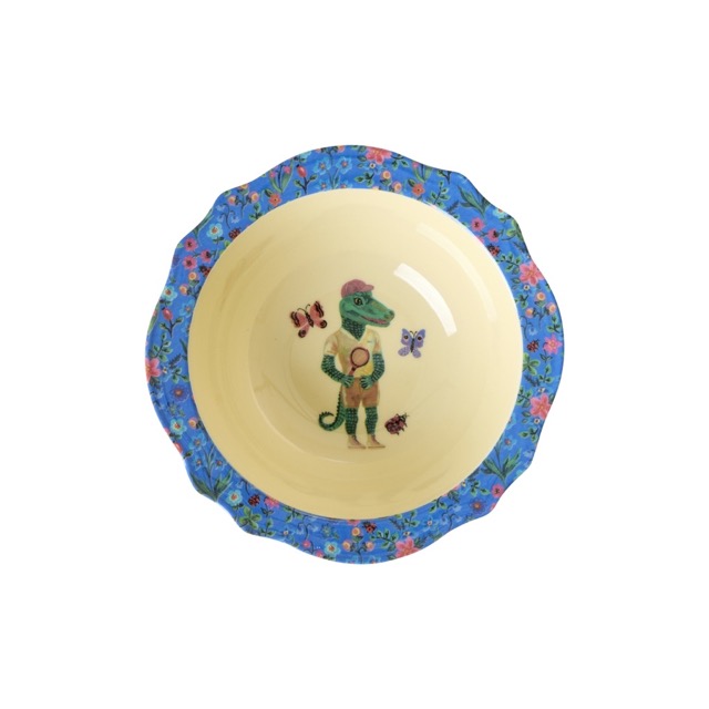 Rice Vintage Schale Krokodil mit Blau geblümtem Rand und Nathalie Lette Print