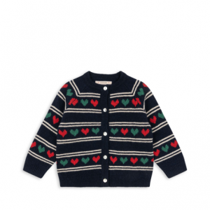 Kinder Strickjacke in Dunkelblau mit roten und grünen Herzen von Konges Sloejd