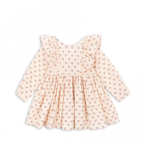 Langarmkleid für Kinder mit Schleifen am Rücken in Beige mit Rosa Details