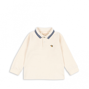 Langarm Poloshirt von Konges Sloejd in weiß mit Blauen Streifen am Kragen und einer kleinen Zitronen Applikation