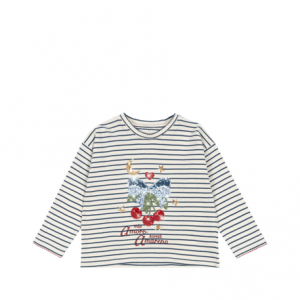 Langarmshirt von Konges Sloejd in Blau weiß gestreift mit Pailettenmotiv als Kirsche