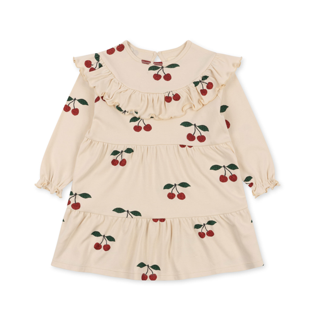 Langarm Kleid für Kinder in weiß mit roten Glitzerkirschen von Konges Sloejd