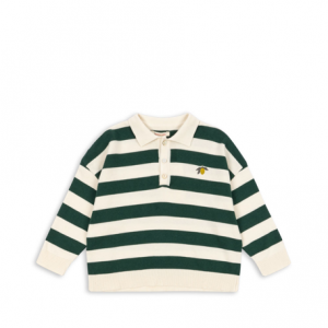 Langarm Polo von Konges Sloejd mit Grün weißen Blockstreifen und einer kleinen Zitronenapplikation