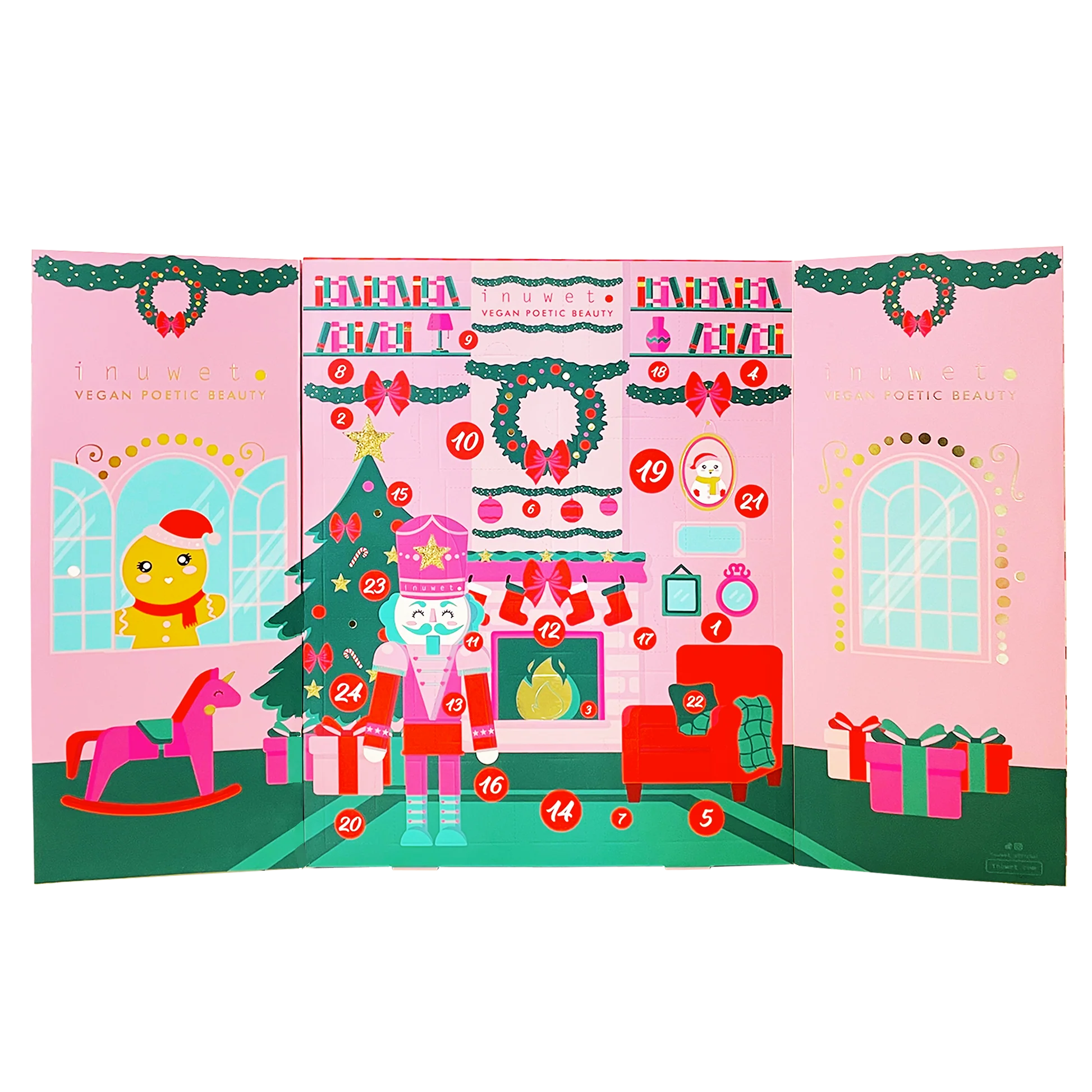 Adventskalender von Inuwet in Form eines Weihanchtshauses mit Nussknackern in Beige und Pink (Innenseite)