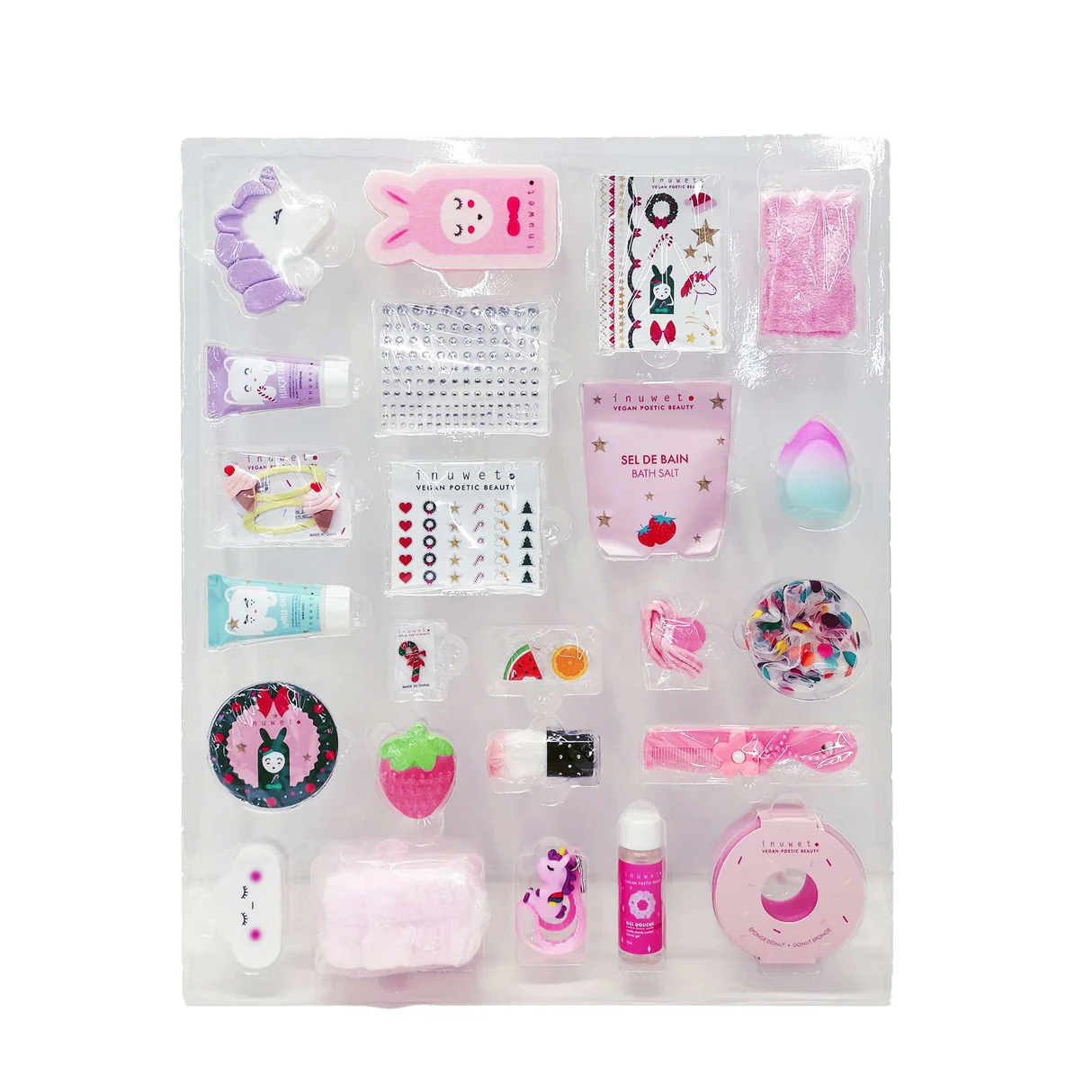 Adventskalender von Inuwet in Form eines Weihanchtshauses mit Nussknackern in Beige und Pink (gesamter Inhalt als Bild)