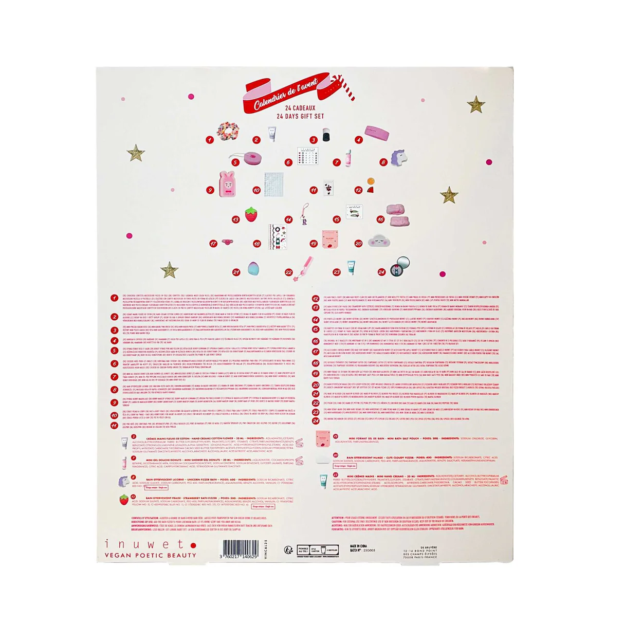 Adventskalender von Inuwet in Form eines Weihanchtshauses mit Nussknackern in Beige und Pink (Rückseite mit Aufzählung und Abbildung des Inhalts)