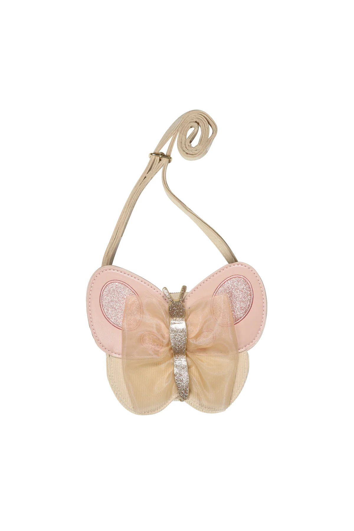 Kinderhandtasche in Schmetterlingsform in den Farben Beige, Gold & Rosa