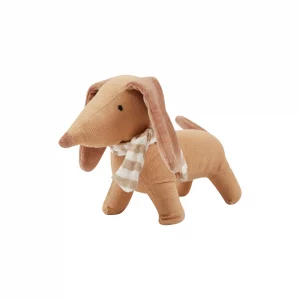 Kuscheltier brauner Hund in Dackelform mit beige-weiß gestreiftem Schal