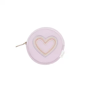 lila farbiger runder Geldbeutel für Kinder mit gesticktem Herz in Regenbogenfarben