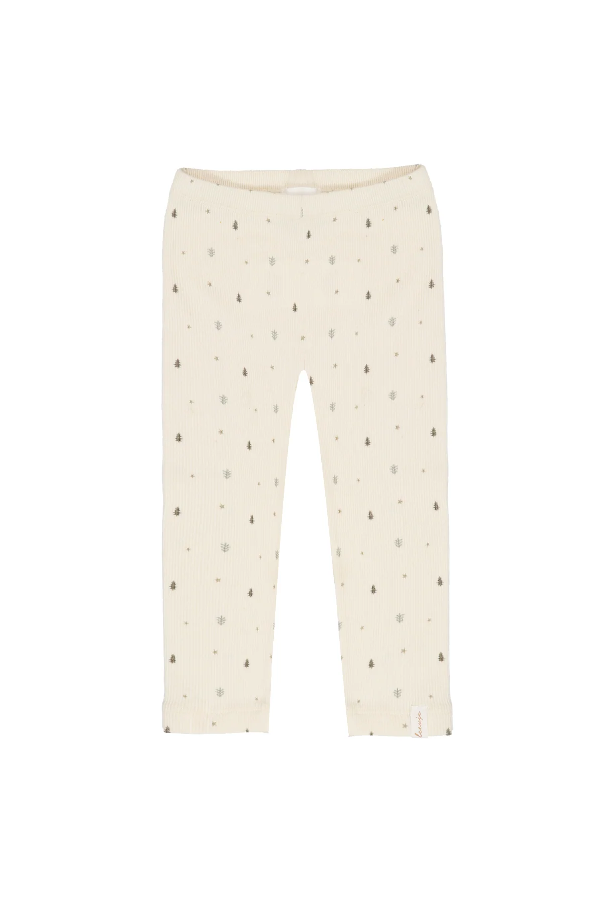 Kinderleggings aus beige Rippe mit Baum Alloverprint
