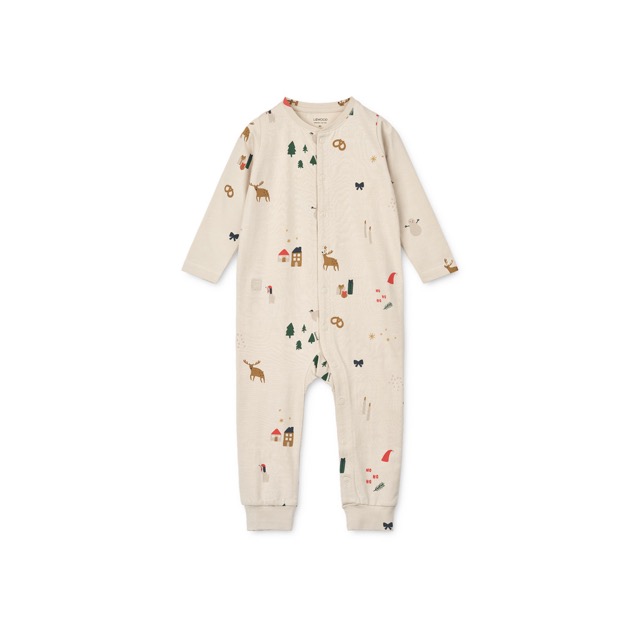Weihnachtspyjama Jumpsuit von Liewood in Beige mit aufgderuckten weihnachtlichen Motiven