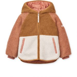 Wendejacke von Liewood, Eine Seite Teddyfell, eine Seite Stepp in Rosa, Karamell und weiß mit Kapuze (Teddy-Seite)