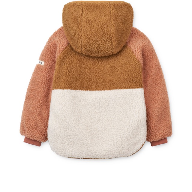 Wendejacke von Liewood, Eine Seite Teddyfell, eine Seite Stepp in Rosa, Karamell und weiß mit Kapuze (Teddy-Seite-Rückseite)