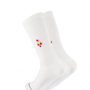 Weiße Socken von Ooley mit Neon Santa Motiv am Schaft (Rot & Gelb)