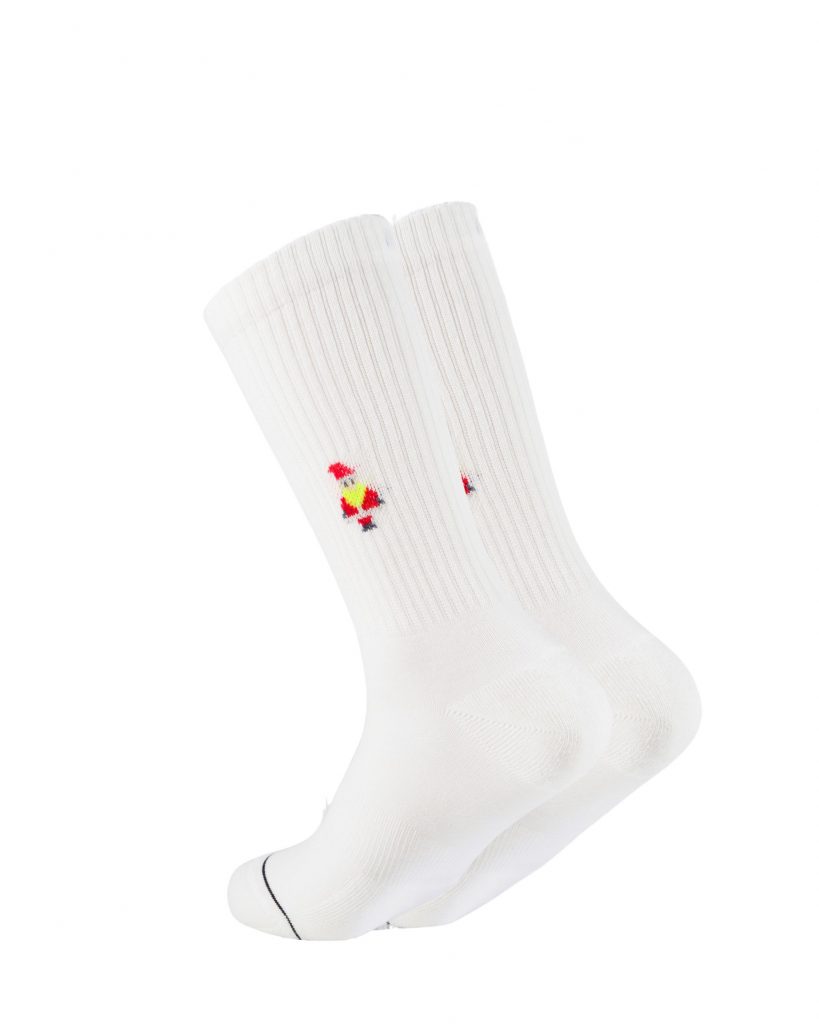 Weiße Socken von Ooley mit Neon Santa Motiv am Schaft (Rot & Gelb)