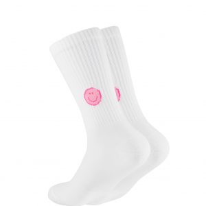 Weiße Socken mit Glitzersmiley in Rosa & Neonpink am Schaft