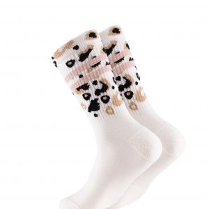 Ooley Socken in weiß mit Streifen in Altrose und beige-schwarzem Leo-Muster am Schaft