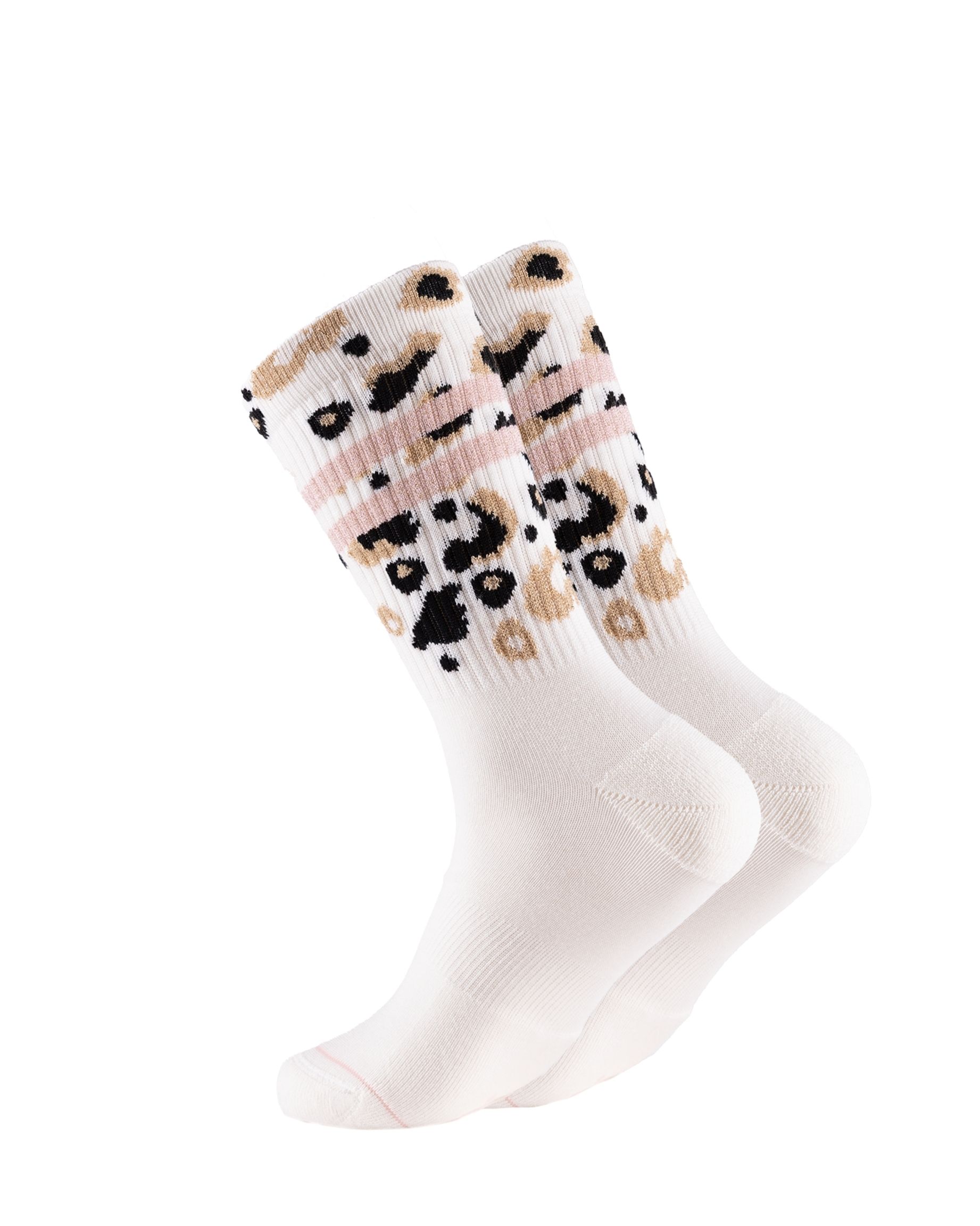 Ooley Socken in weiß mit Streifen in Altrose und beige-schwarzem Leo-Muster am Schaft