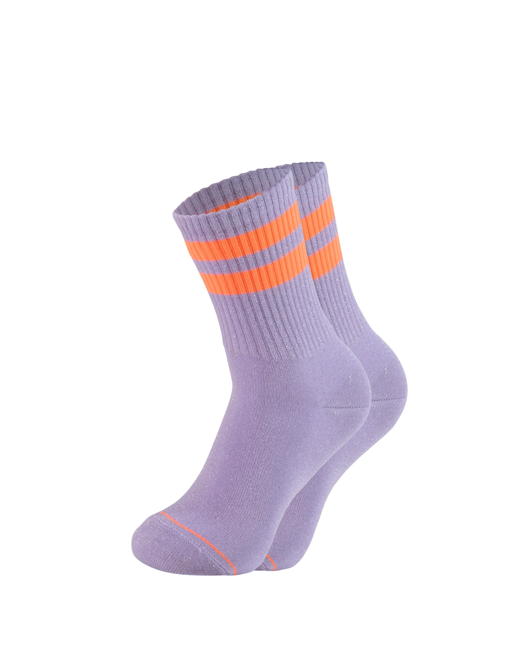 lila Glitzersocken mit 2 Orangen Streifen am Schaft von Ooley