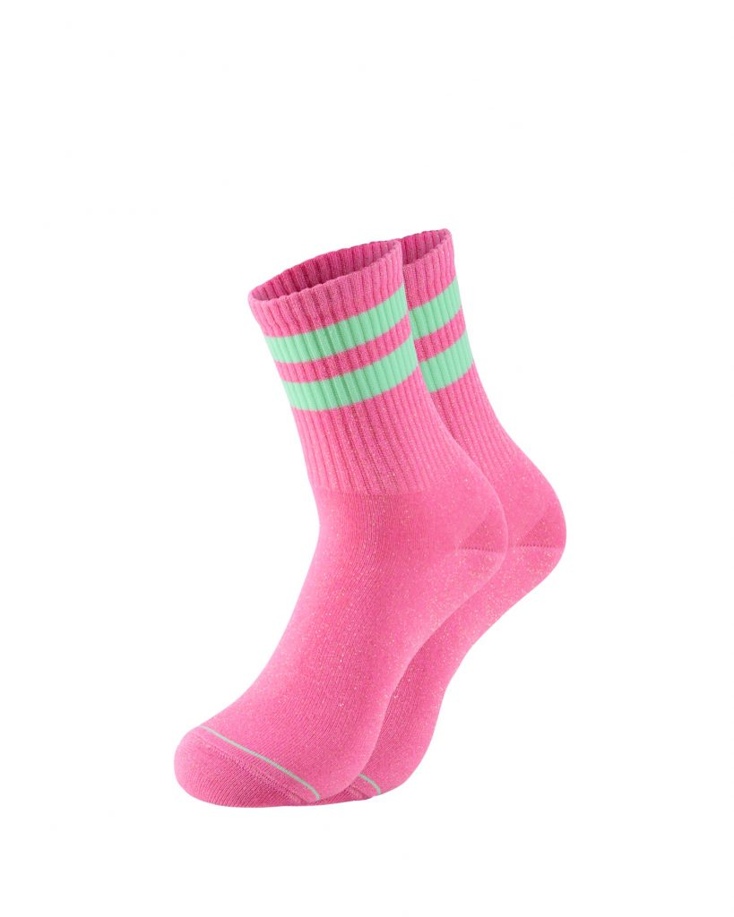 Pinke Glitzersocken mit 2 Mini farbigen Streifen am Schaft