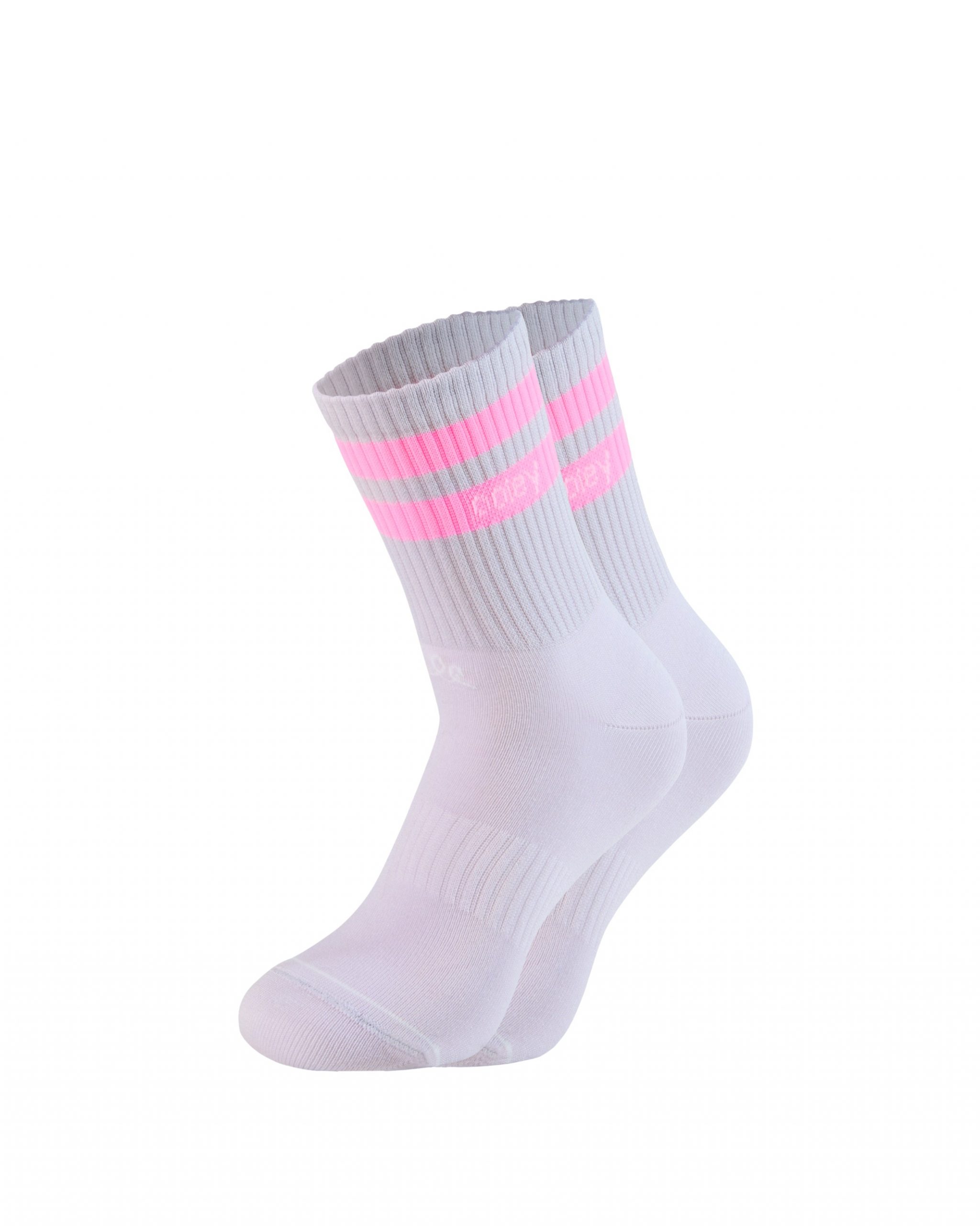 Weiße Socken von Ooley mit 2 breiten neon Pinken Streifen