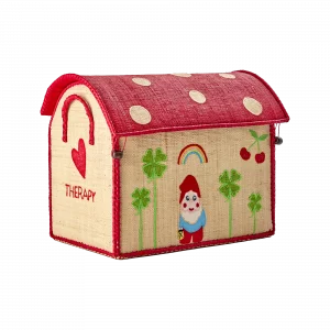 Kleines Aufbewahrungshaus von Rice mit Dach, das farblich an einen Fliegenpilz erinnert. Vorne sind ein Zwerg, ein Regenbogen, eine Kirsche und mehrere Kleeblätter zu sehen