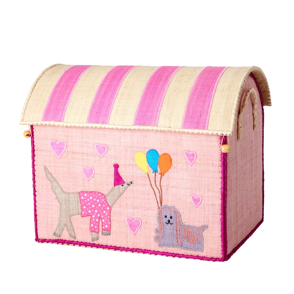 Mittleres Raffia Aufbewahrungshaus mit Pink/Lila gestreiftem Dach. Party Tiere (Hunde) auf der Vorderseite