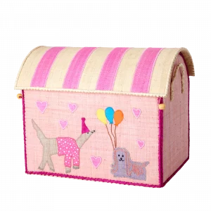 Mittleres Raffia Aufbewahrungshaus mit Pink/Lila gestreiftem Dach. Party Tiere (Hunde) auf der Vorderseite
