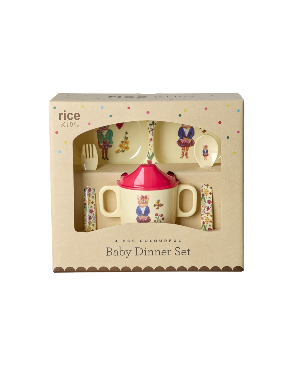 Baby Geschenkset Nathalie Lété mit süßen Tiermotiven auf Beigem Grund mit roten Details