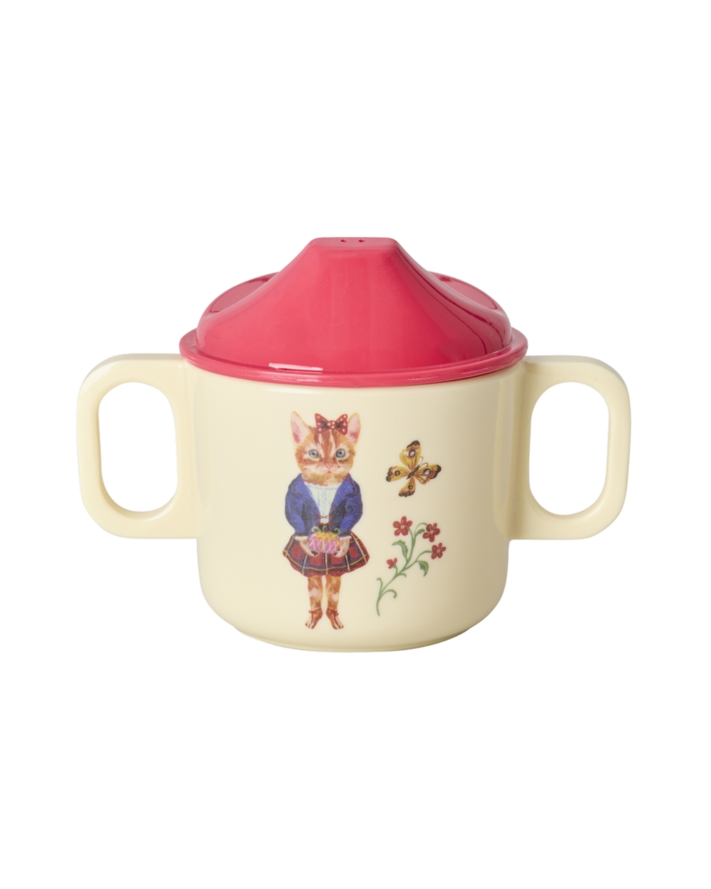 Baby Geschenkset Nathalie Lété mit süßen Tiermotiven auf Beigem Grund mit roten Details (Schnabeltasse)