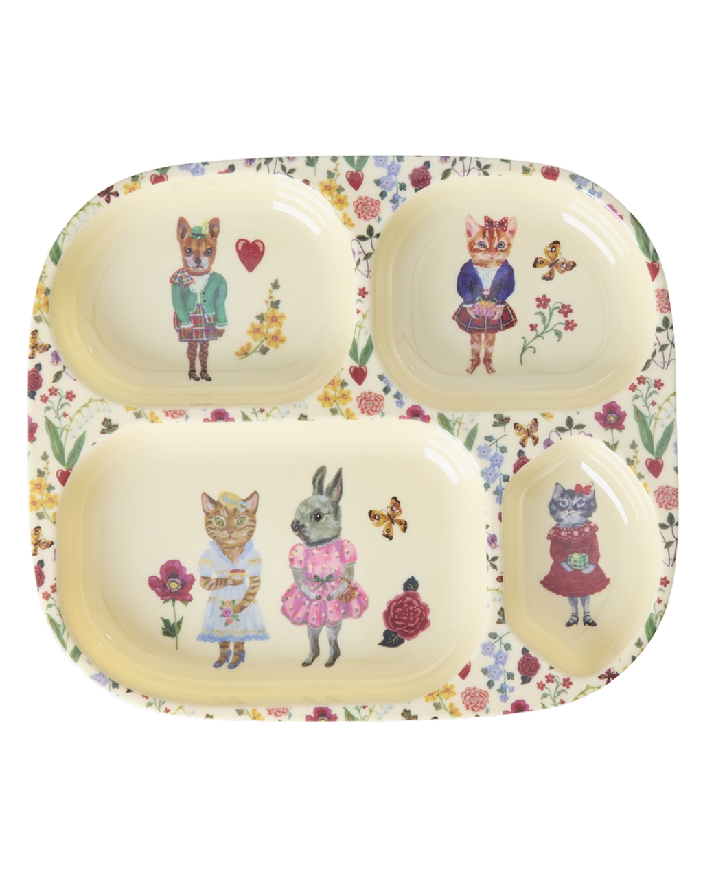 Baby Geschenkset Nathalie Lété mit süßen Tiermotiven auf Beigem Grund mit roten Details (Teller mit 4 Einteilungen)