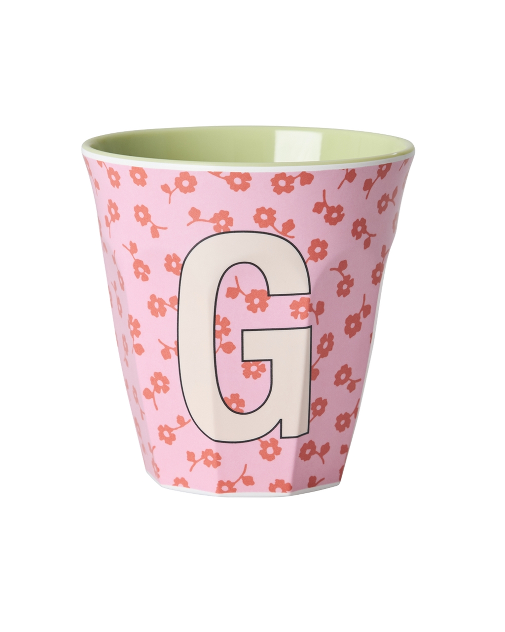 Rice Buchstabenbecher mit Buchstabe G in Beige auf Rosa Hintergrund mit roten Blumen