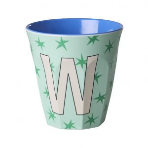 Rice Buchstabenbecher in Mint mit Buchstabe W in Beige und Sternen in Türkis