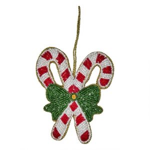 Christbaumschmuck Zuckerstange aus roten, weißen und grünen Perlen mit einer großen goldenen Perle in der Mitte