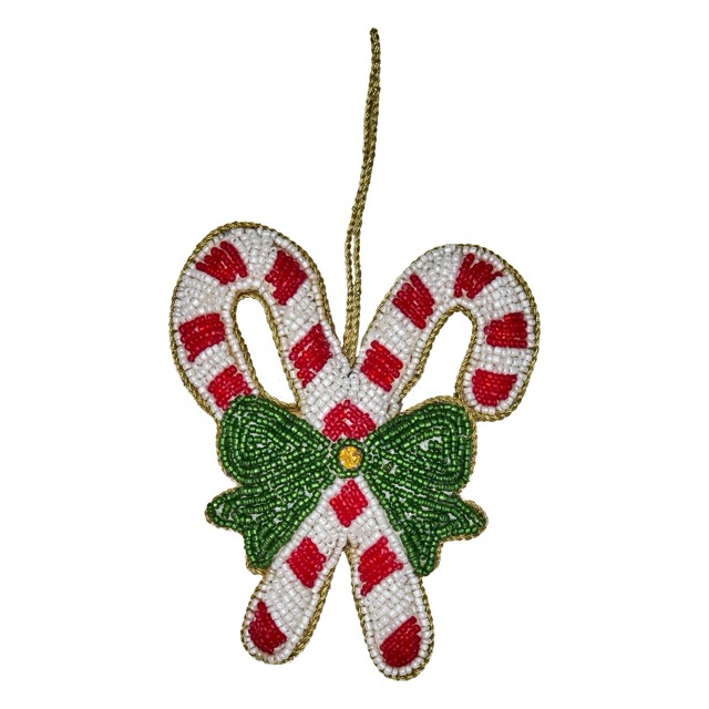 Christbaumschmuck Zuckerstange aus roten, weißen und grünen Perlen mit einer großen goldenen Perle in der Mitte