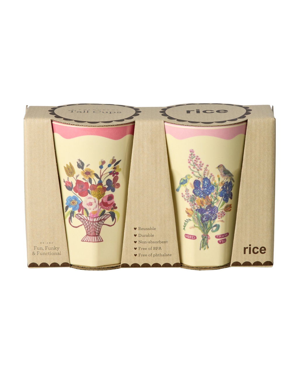Nathalie Lété Latte Cups im 2er Set mit Blumenprint auf Beige mit Rosa Rand von Rice