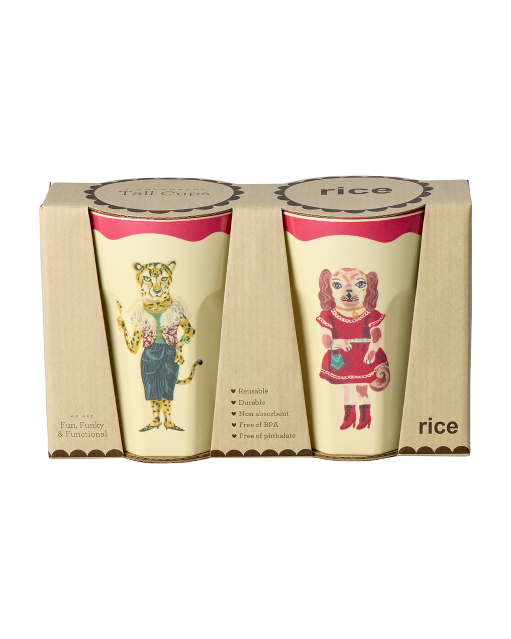 2er Set Latte Cups von Rice mit süßen Motiven (Hund & Leopard) von Nathalie Lété