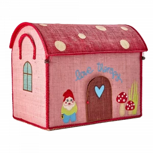 Großes Aufbewahrungshaus aus Raffia von Rice in Pink mit Tür, die geöffnet werden kann, Zwerg und Fliegenpilzen