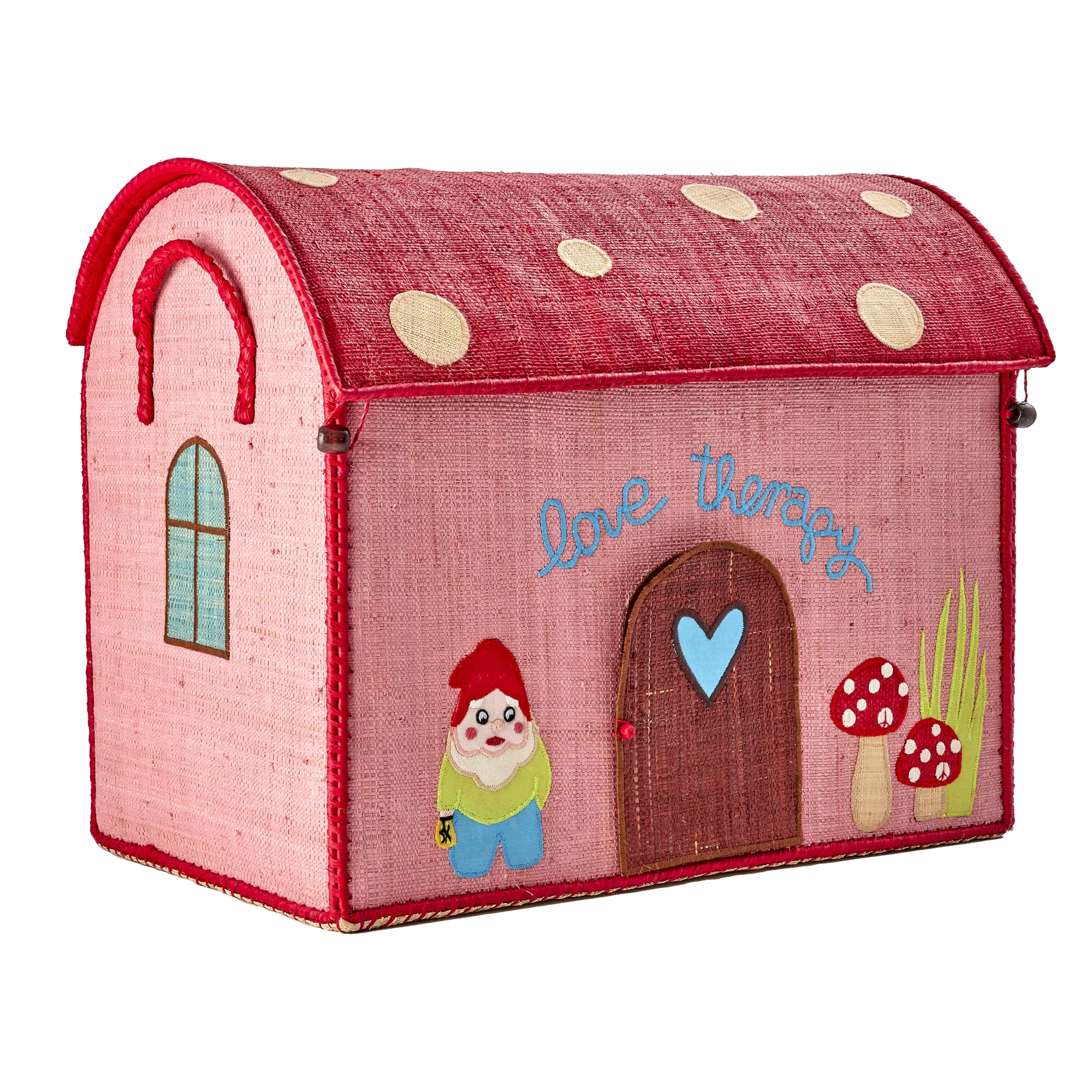 Großes Aufbewahrungshaus aus Raffia von Rice in Pink mit Tür, die geöffnet werden kann, Zwerg und Fliegenpilzen