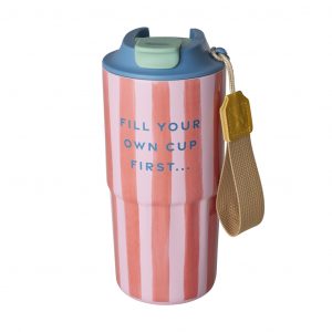 Thermosbecher von Rice in Orange-Rosa Organic Stripes Print mit blauem Deckel und Augfrschrift Fill Your Own Cup First
